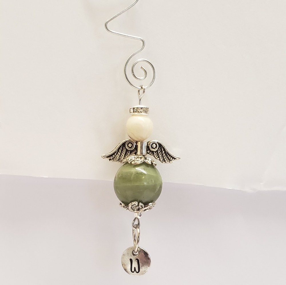 Hand Crafted Guardian Angel & Initial Letter Memorial Charm Jade Stone